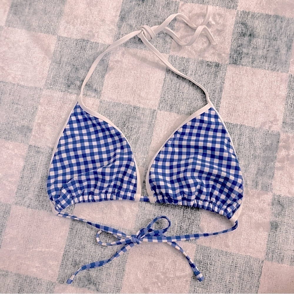 Ralph Lauren Blue Gingham Triangle String Bikini Top Large - Picture 2 of 11